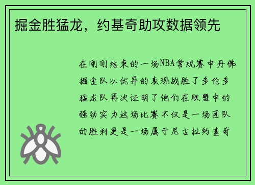 掘金胜猛龙，约基奇助攻数据领先
