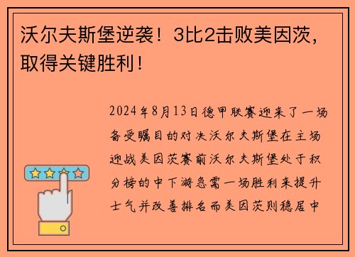 沃尔夫斯堡逆袭！3比2击败美因茨，取得关键胜利！