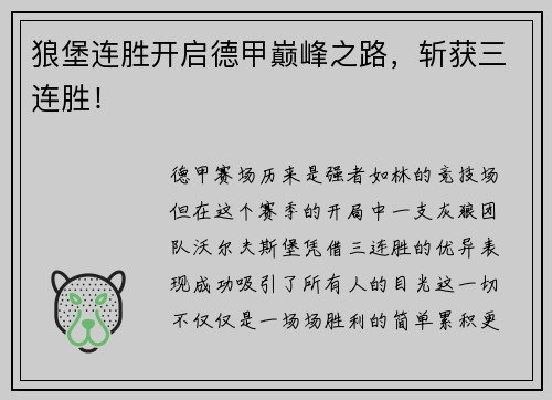 狼堡连胜开启德甲巅峰之路，斩获三连胜！