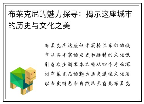布莱克尼的魅力探寻：揭示这座城市的历史与文化之美
